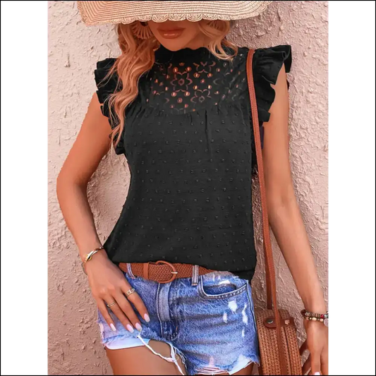 Perfee Swiss Dot Butterfly Sleeve Top - Black / l - Blouses on Sale Worldwide Shipping