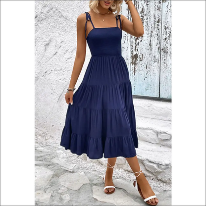 Perfee Tie-shoulder Tiered Midi Dress - Dark Blue / s - Dresses on Sale Worldwide Shipping