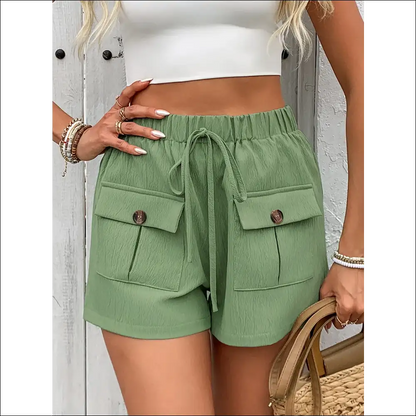 Perfee Tied Elastic Waist Shorts with Pockets - Gum Leaf / s - on Sale Worldwide Shipping