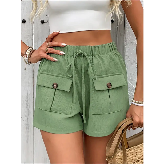 Perfee Tied Elastic Waist Shorts with Pockets - Gum Leaf / s - on Sale Worldwide Shipping