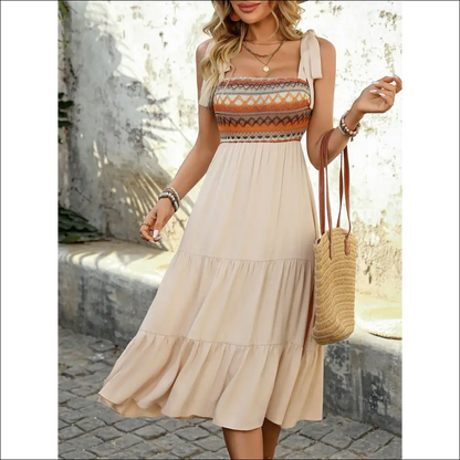 Perfee Tied Smocked Tiered Midi Cami Dress - Tan / s - Dresses on Sale Worldwide Shipping