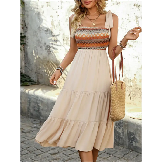 Perfee Tied Smocked Tiered Midi Cami Dress - Tan / s - Dresses on Sale Worldwide Shipping