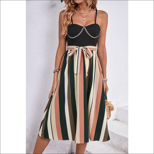 Playful Perfee Tied Striped Spaghetti Strap Dress - Black / Xl - Dresses on Sale Worldwide Shipping