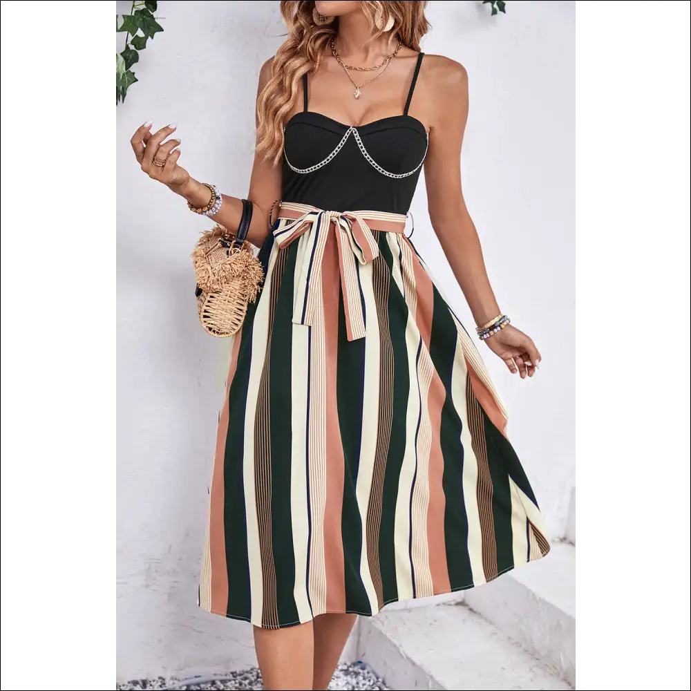 Playful Perfee Tied Striped Spaghetti Strap Dress - Dresses on Sale Worldwide Shipping