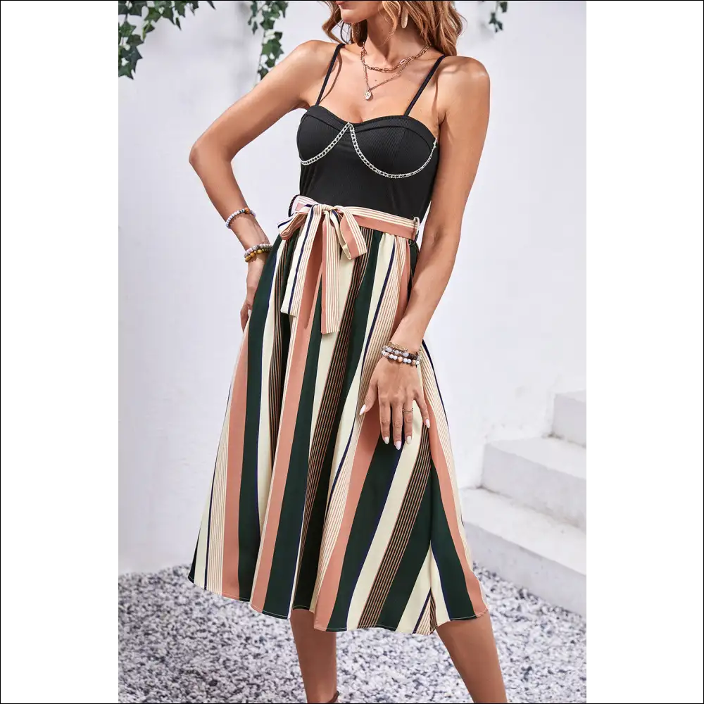 Playful Perfee Tied Striped Spaghetti Strap Dress - Dresses on Sale Worldwide Shipping