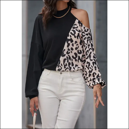 Perfee Two-tone Leopard Cold Shoulder Top - Blouses on Sale Worldwide Shipping