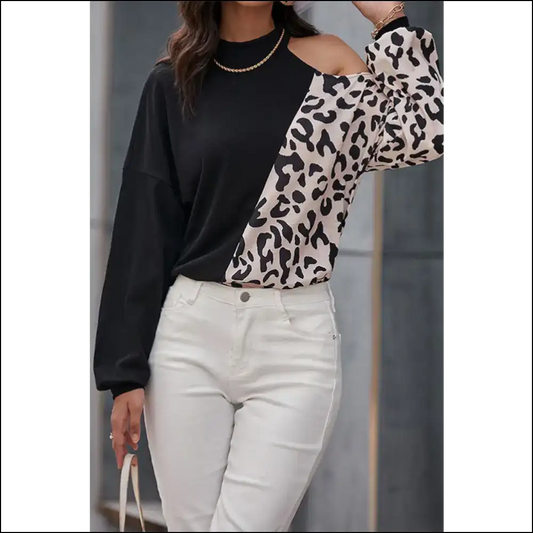 Perfee Two-tone Leopard Cold Shoulder Top - Blouses on Sale Worldwide Shipping