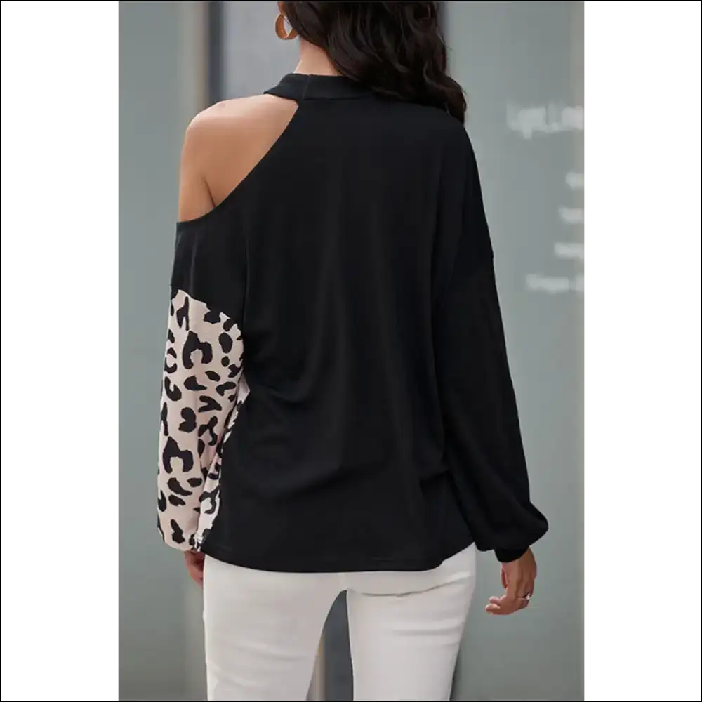 Perfee Two-tone Leopard Cold Shoulder Top - Blouses on Sale Worldwide Shipping