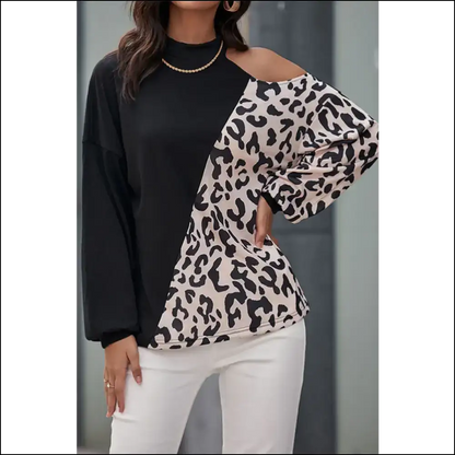 Perfee Two-tone Leopard Cold Shoulder Top - s - Blouses on Sale Worldwide Shipping