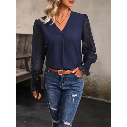 Perfee V-neck Long Mesh Sleeve Top - Navy / l - Blouses on Sale Worldwide Shipping