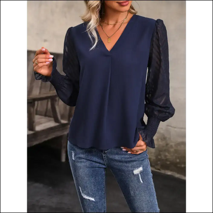 Perfee V-neck Long Mesh Sleeve Top - Blouses on Sale Worldwide Shipping