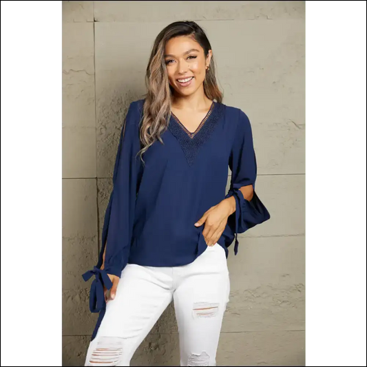 Perfee V-neck Tie Cuff Slit Blouse - Dark Blue / m - Blouses on Sale Worldwide Shipping