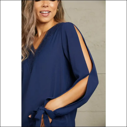 Perfee V-neck Tie Cuff Slit Blouse - Blouses on Sale Worldwide Shipping