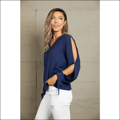 Perfee V-neck Tie Cuff Slit Blouse - Blouses on Sale Worldwide Shipping