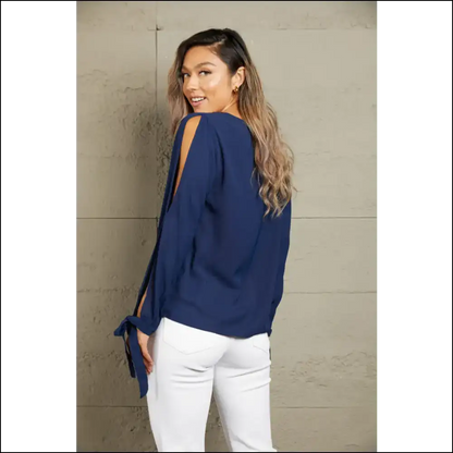 Perfee V-neck Tie Cuff Slit Blouse - Blouses on Sale Worldwide Shipping
