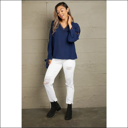 Perfee V-neck Tie Cuff Slit Blouse - Blouses on Sale Worldwide Shipping