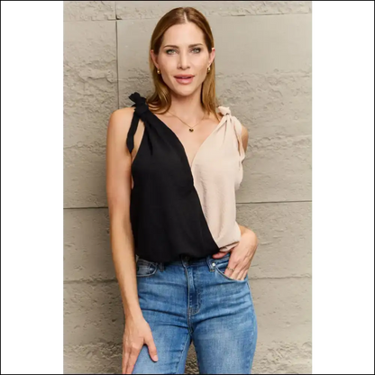 Perfee V-neck Tie Shoulder Tank Top - Black / l - Tops on Sale Worldwide Shipping