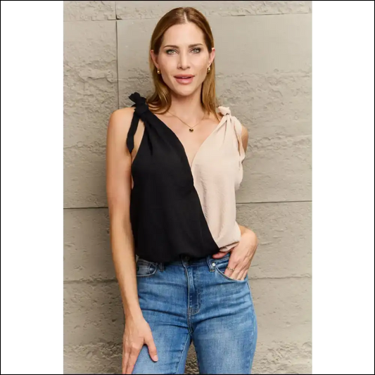 Perfee V-neck Tie Shoulder Tank Top - Black / l - Tops on Sale Worldwide Shipping