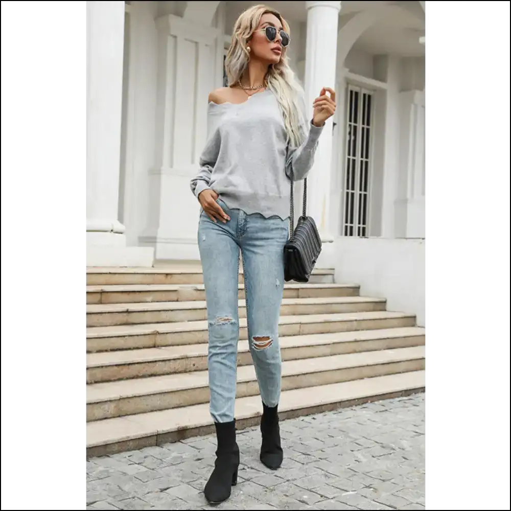Perfee Wavy Hem Long Sleeve Pullover - Sweatshirts & Hoodies on Sale Worldwide Shipping