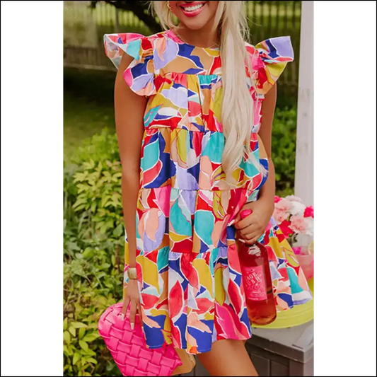 Pink Abstract Flutter Sleeve Mini Dress: Dangerously Cute 😈 - s - Short Dresses on Sale Worldwide Shipping