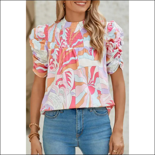 Pink Abstract Print Smocked: your Personality now Wearable 👚 Needful Things - s - Blouses on Sale Worldwide Shipping