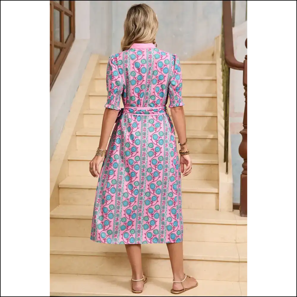 Pink Boho Floral Shirred Dress: Hugs you can Wear (and Strut In)! 🌸 - Midi Dresses on Sale Worldwide Shipping