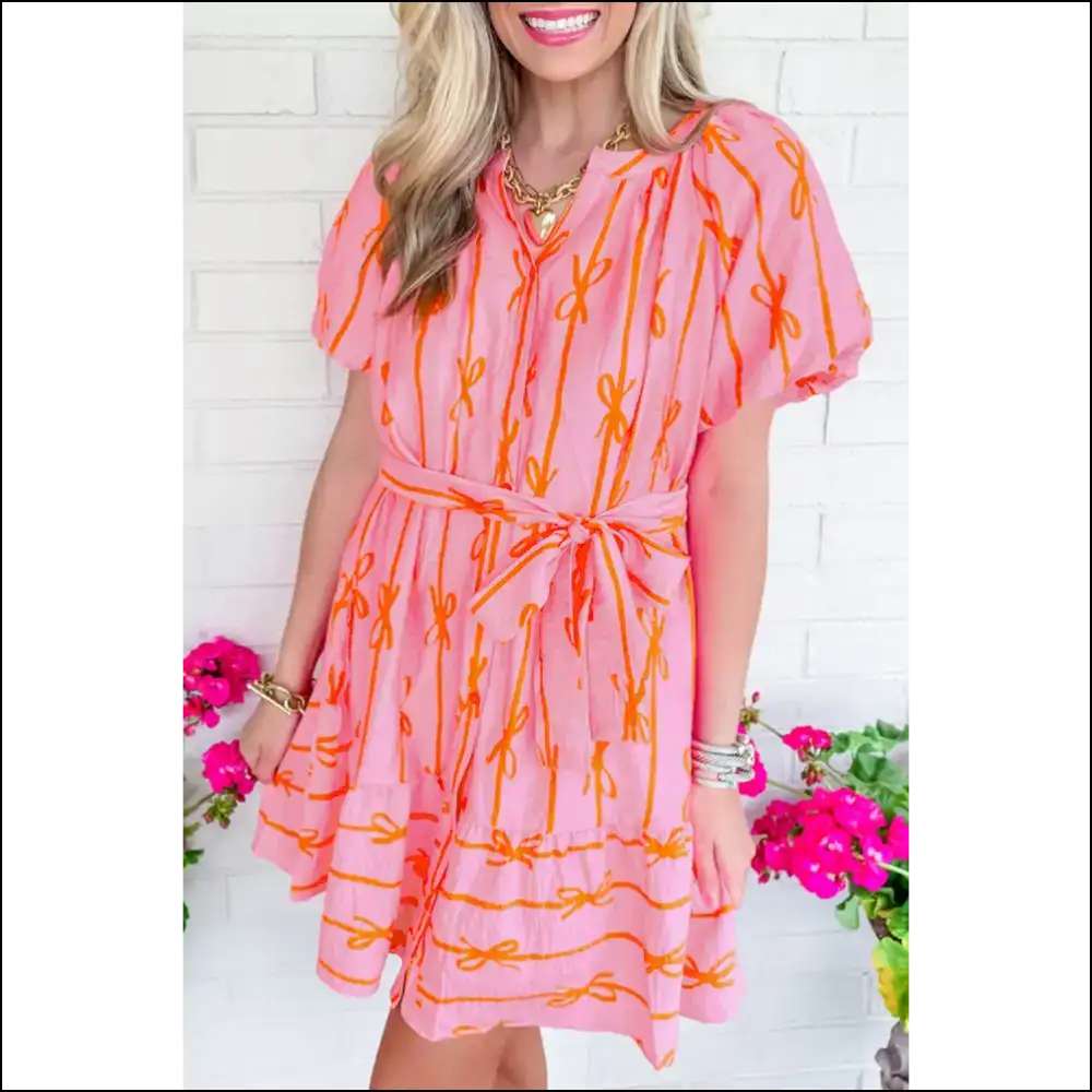 Pink Bowknot Striped Mini: Dress Like you Own the Joint!👑 - s - Short Dresses on Sale Worldwide Shipping