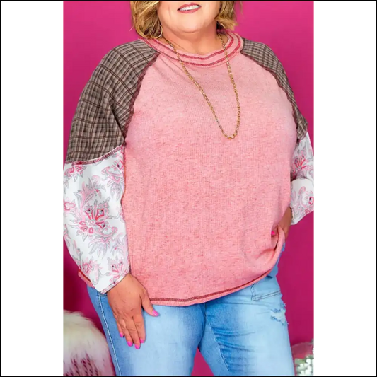 Pink Checkered Patchwork Raglan: Slay Needful Things! 💖 - 1x - Plus Size Tops on Sale Worldwide Shipping