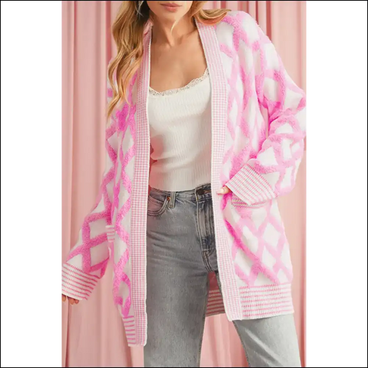 Pink Checkered Pockets: your Cozy Queen Cardigan 👑 Needful Things - s - Cardigans on Sale Worldwide Shipping