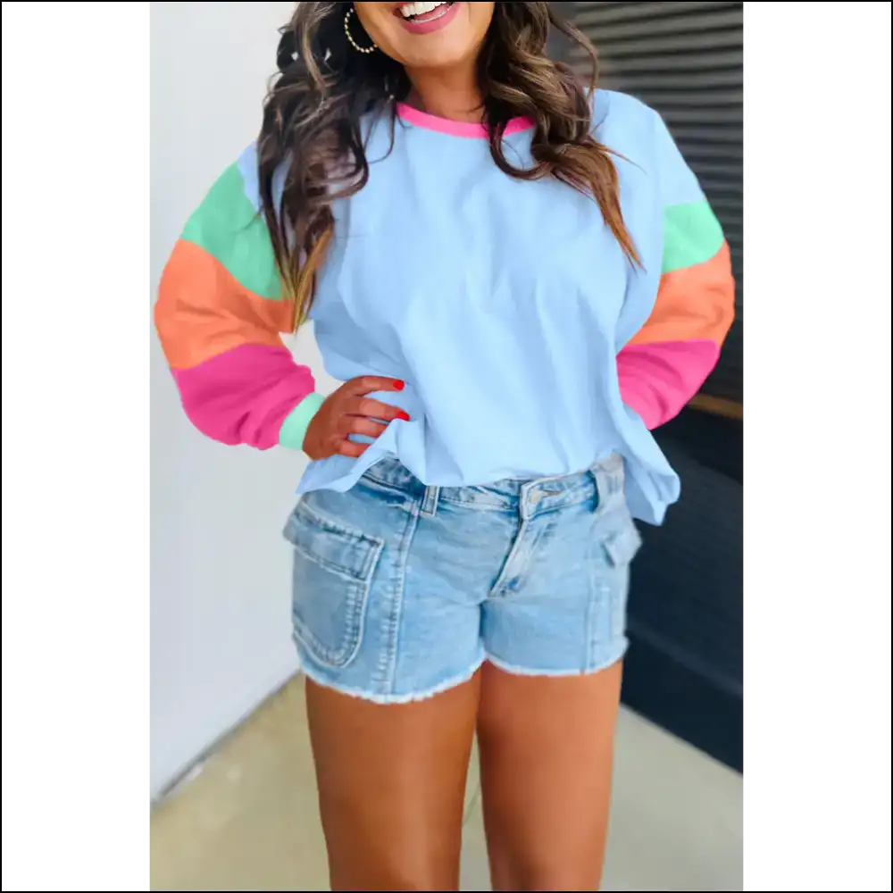 Pink Colorblock Long Sleeve: Finally a Top that Fits! 😜 Needful Things - Dark Blue / 1x - Plus Size Tops on Sale Worldwide Shipping