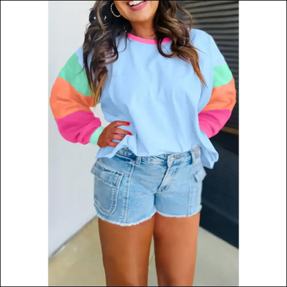 Pink Colorblock Long Sleeve: Finally a Top that Fits! 😜 Needful Things - Dark Blue / 1x - Plus Size Tops on Sale Worldwide Shipping