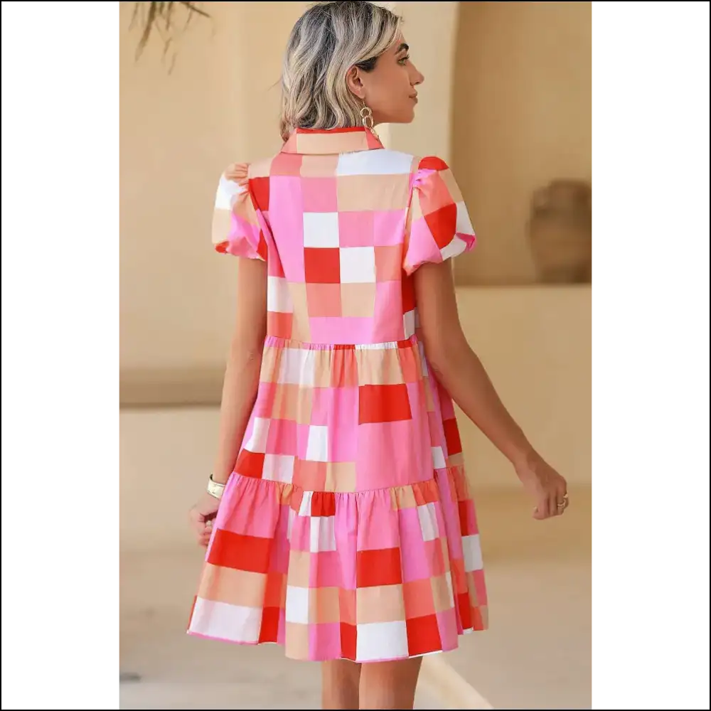 Pink Colorblock Plaid Puff Sleeve Dress: Cotton Candy Chaos from Needful Things 💖 - Short Dresses on Sale Worldwide Shipping