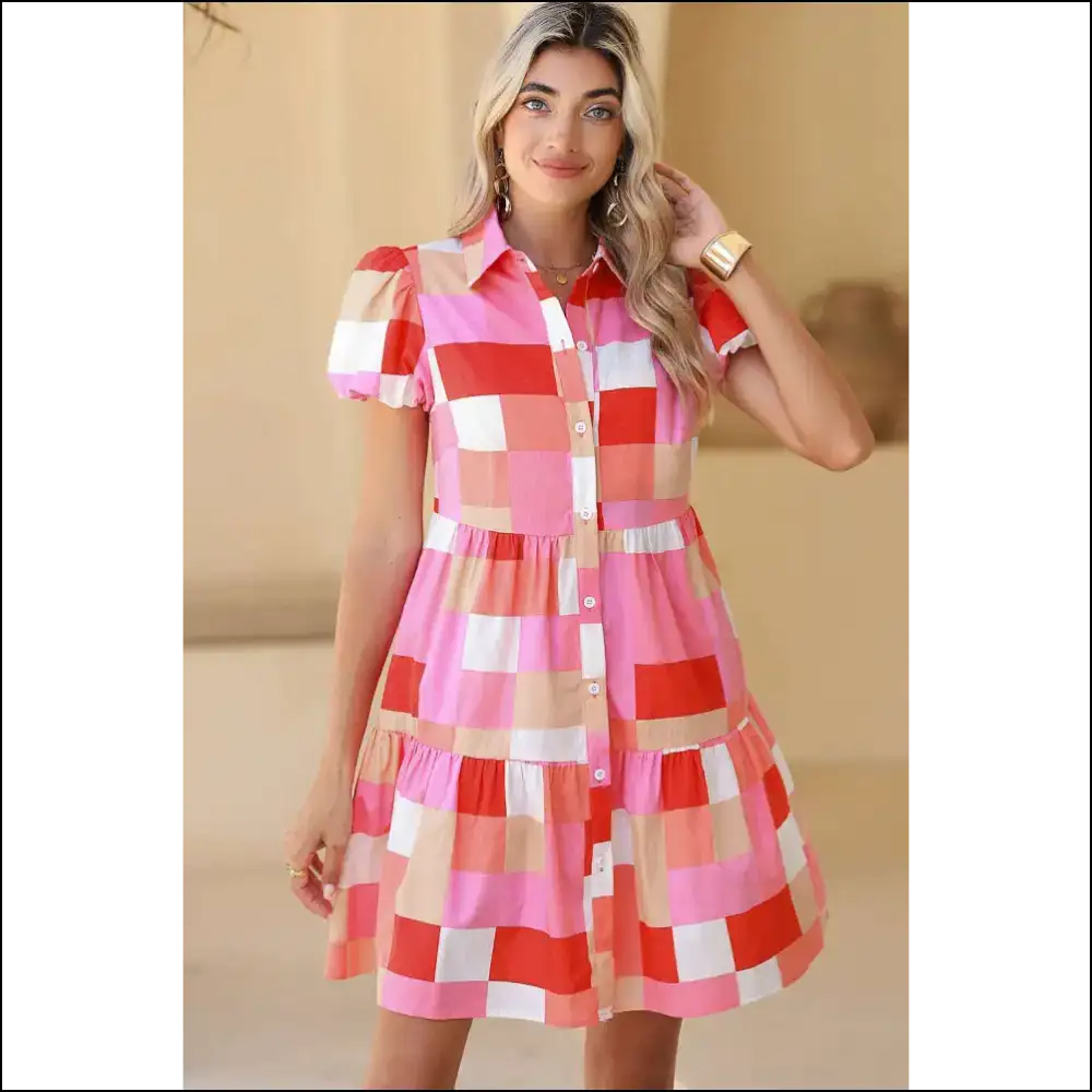 Pink Colorblock Plaid Puff Sleeve Dress: Cotton Candy Chaos from Needful Things 💖 - Short Dresses on Sale Worldwide Shipping