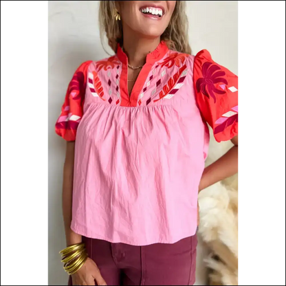 Pink Floral Embroidered Puff: Slay Queen! 👑 - s - Blouses on Sale Worldwide Shipping