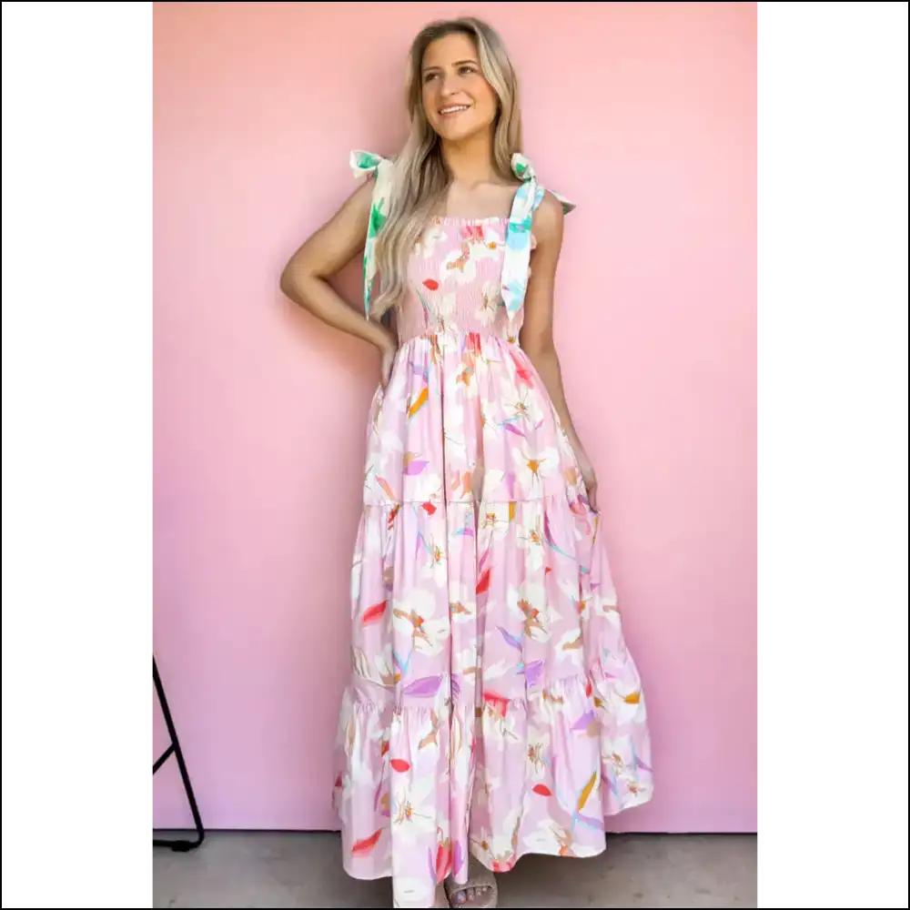 Pink Floral Maxi Dress: Prepare for Compliments! Knotted Shoulder Perfection from Needful Things. 💖 - Dresses on Sale Worldwide Shipping