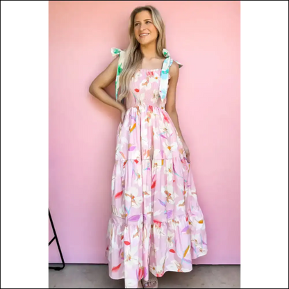 Pink Floral Maxi Dress: Prepare for Compliments! Knotted Shoulder Perfection from Needful Things. 💖 - Dresses on Sale Worldwide Shipping
