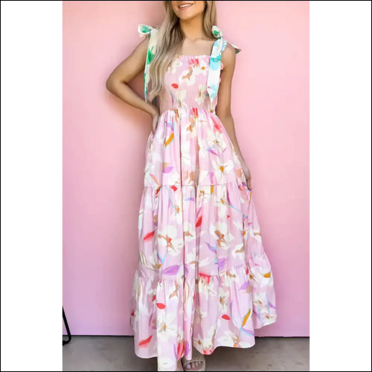 Pink Floral Maxi Dress: Prepare for Compliments! Knotted Shoulder Perfection from Needful Things. 💖 - s - Dresses on Sale Worldwide Shipping