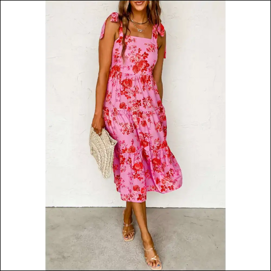 Pink Floral Midi: Shoulder Straps that Tie... Cute! 🌸 Needful Things - s - Midi Dresses on Sale Worldwide Shipping
