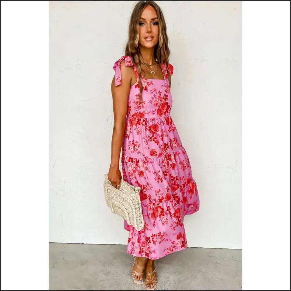 Pink Floral Midi: Shoulder Straps that Tie... Cute! 🌸 Needful Things - Midi Dresses on Sale Worldwide Shipping