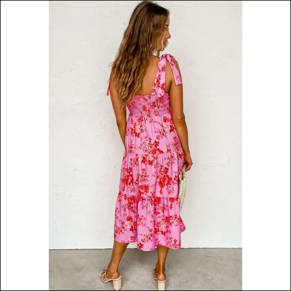 Pink Floral Midi: Shoulder Straps that Tie... Cute! 🌸 Needful Things - Midi Dresses on Sale Worldwide Shipping