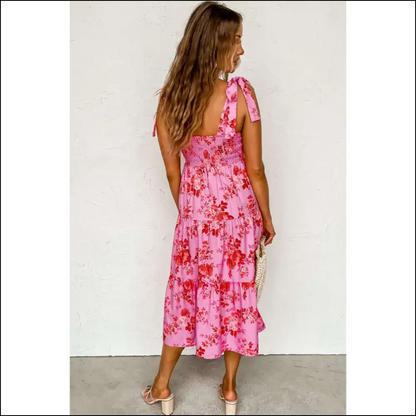 Pink Floral Midi: Shoulder Straps that Tie... Cute! 🌸 Needful Things - Midi Dresses on Sale Worldwide Shipping