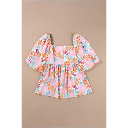 Pink Floral Puff Sleeve Blouse Instant Babe Alert - Blouses on Sale Worldwide Shipping