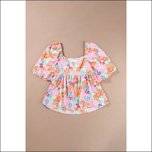 Pink Floral Puff Sleeve Blouse Instant Babe Alert - s - Blouses on Sale Worldwide Shipping