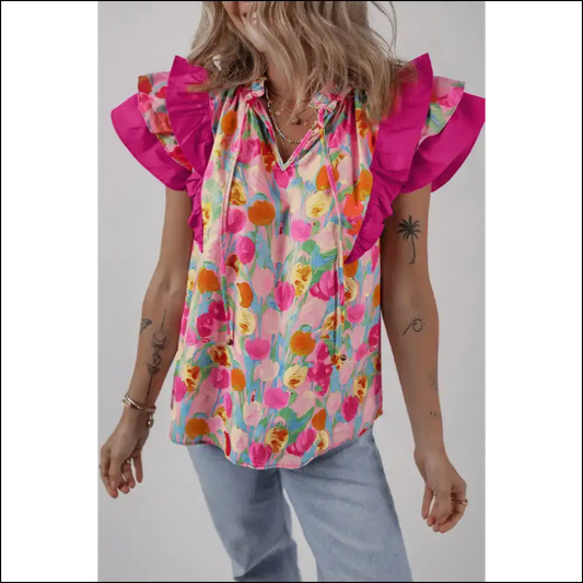 Pink Floral Ruffle Flutter Sleeve: Prepare for Utter Adoration! 🌸 Needful Things - s - Blouses on Sale Worldwide Shipping