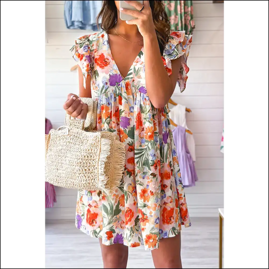 Pink Floral Ruffle Sleeve Mini Dress: Fabulous! 🌸 Dress Like you Own Needful Things - s - Short Dresses on Sale Worldwide Shipping