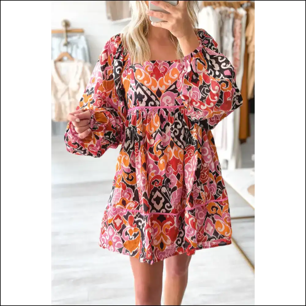 Pink Geometric Mini Dress: Puff Sleeve! Needful Things. 💅 - s - Short Dresses on Sale Worldwide Shipping