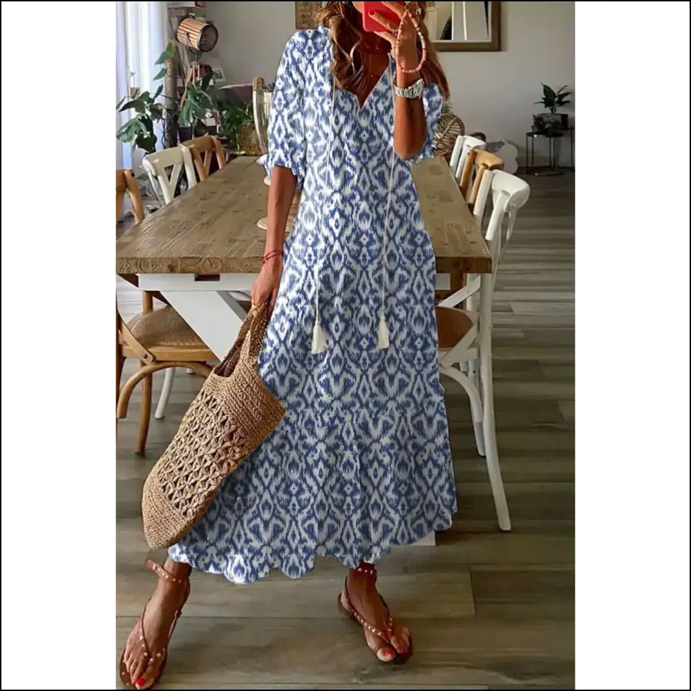 Pink Geometric Print Maxi Dress: Dress Like you Own the Place 💅 - Sky Blue / s - Dresses on Sale Worldwide Shipping