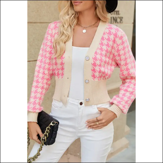 Pink Houndstooth Cropped Knit Cardigan: Sass - s - Cardigans on Sale Worldwide Shipping