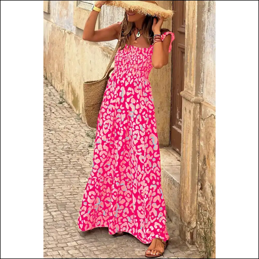 Pink Leopard Maxi Dress: Ruffle Straps Fabulous 🐆💖 Needful Things - s - Dresses on Sale Worldwide Shipping
