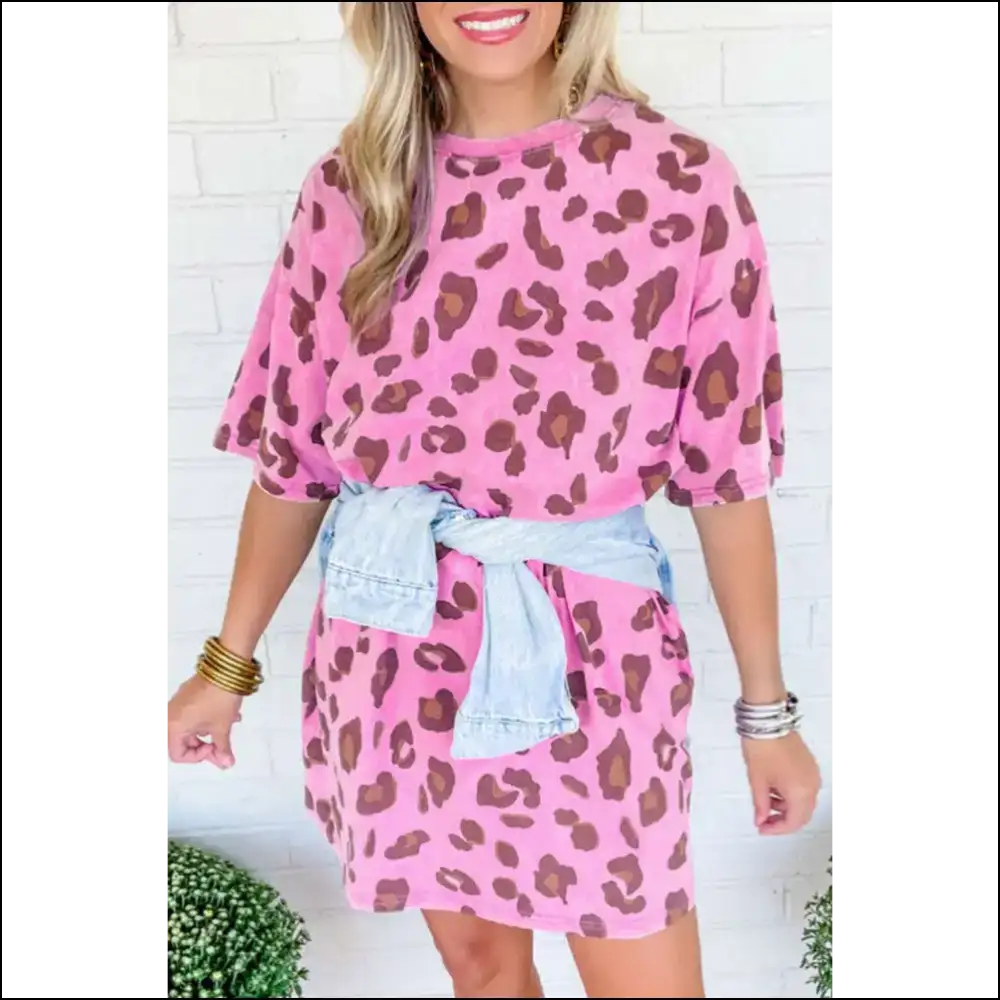 Pink Leopard Mineral Wash Mini Dress: Roar Needful Things 🐆 - s - Short Dresses on Sale Worldwide Shipping